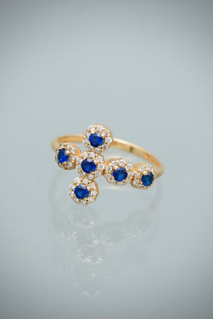 Anillo Cruz con 50pts de Zafiro y 28pts de Diamante Lb 2.1gr / Talla 7 1/4 — Oro Amarillo