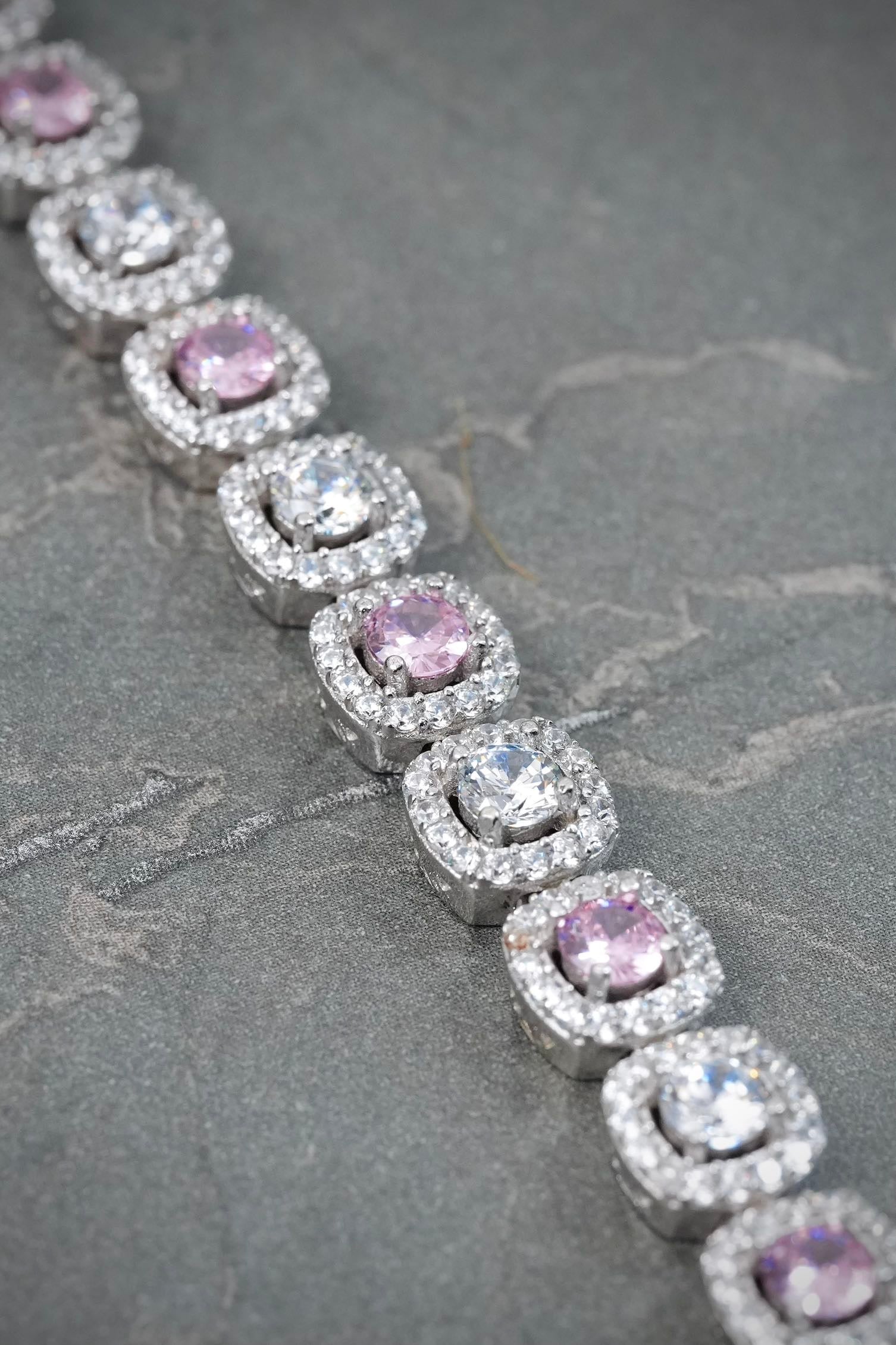 Pulso Tenis con Swarovki Rosado y Blanco 20.35gr / 17cm / 7.7mm — Plata 925