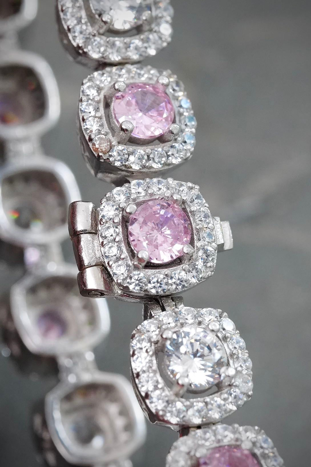 Pulso Tenis con Swarovki Rosado y Blanco 20.35gr / 17cm / 7.7mm — Plata 925