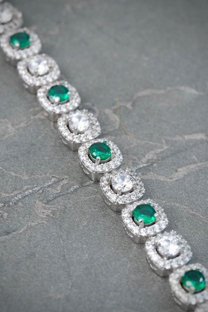 Pulso Tenis con Swarovski Blanco y Verde 21.8gr / 18.5cm / 7.7mm — Plata 925