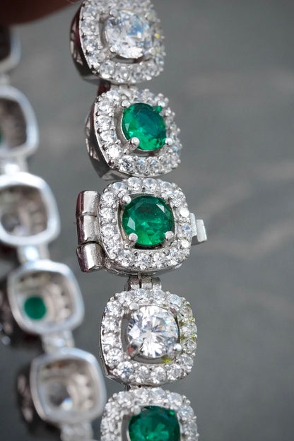 Pulso Tenis con Swarovski Blanco y Verde 21.8gr / 18.5cm / 7.7mm — Plata 925