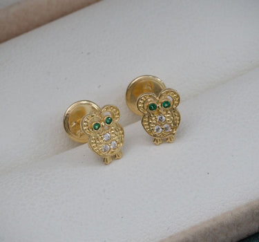 Topos DE BUho COn Swarovski Blanco Y Verde 1gr /  0.7 cm / Oro Amarillo Nac M