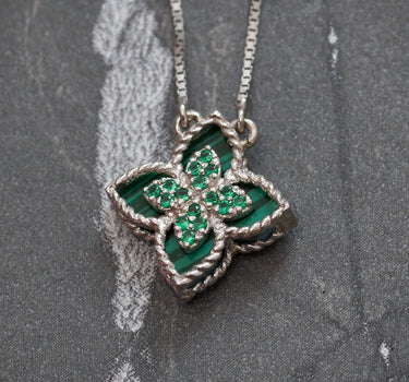 Cadena lucky clover tejido veneciana piedra verde con swarovski verde 2.35gr / Largo 45cm / Oro Blanco italy cte M