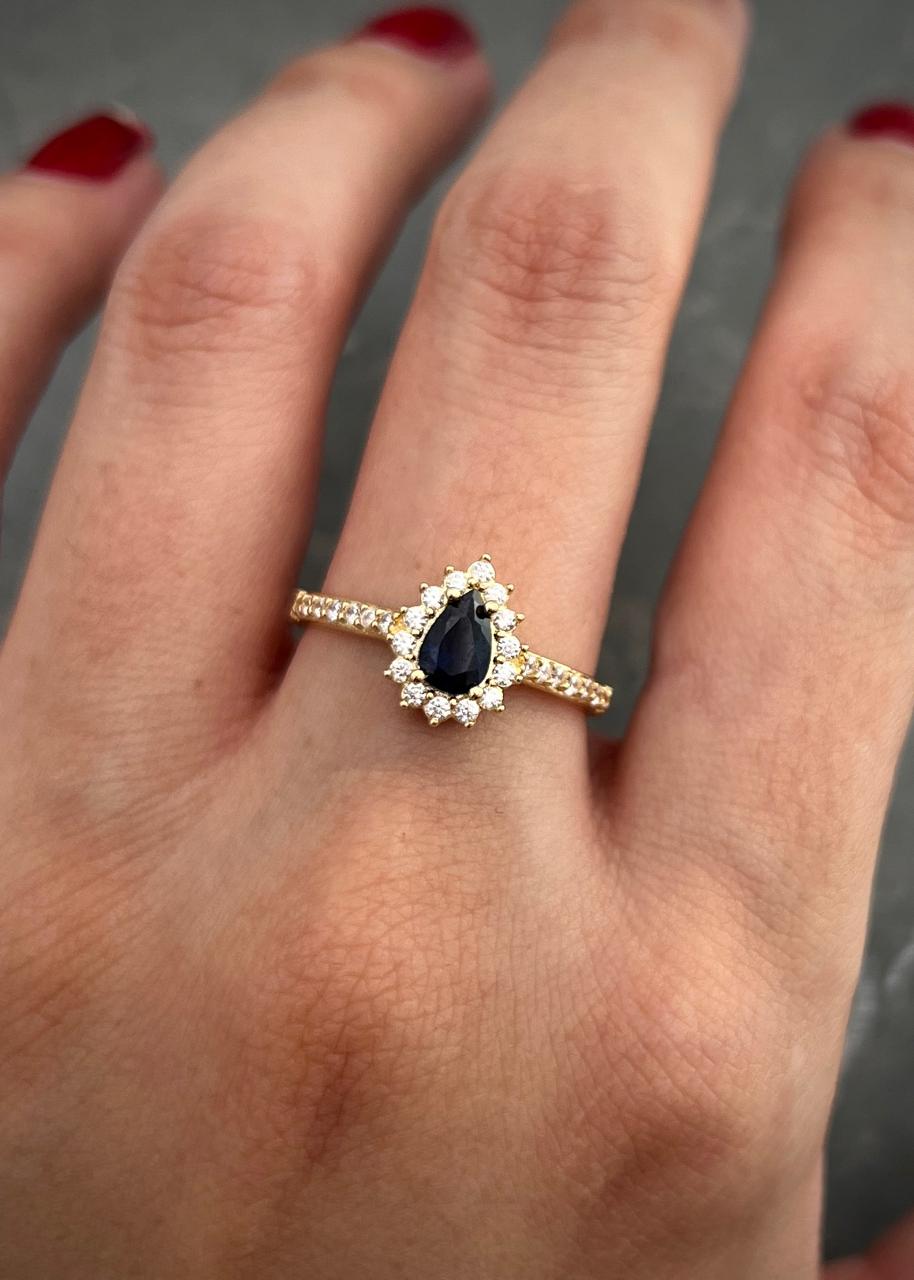 Solitario gota con swaroski azul y blanco 2.5gr / TALLA 7 / Oro Amarillo Nac P