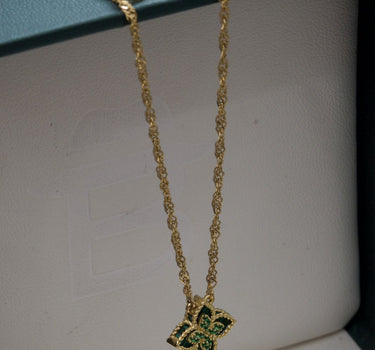 Cadena lucky clover tejido singapur piedra verde con swarovski verde 4.5gr / Largo 50cm / Oro Amarillo italy cte B