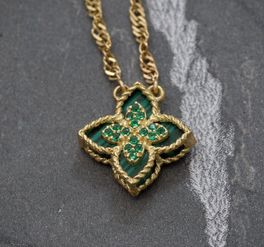 Cadena lucky clover tejido singapur piedra verde con swarovski verde 4.5gr / Largo 50cm / Oro Amarillo italy cte B