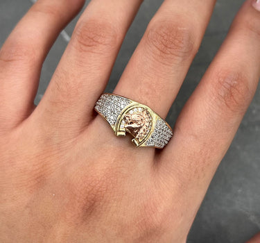 Anillo de herradura con caballo y swarovski blanco 6.9gr / TALLA 10 1/2 / Dos Oros Nac B