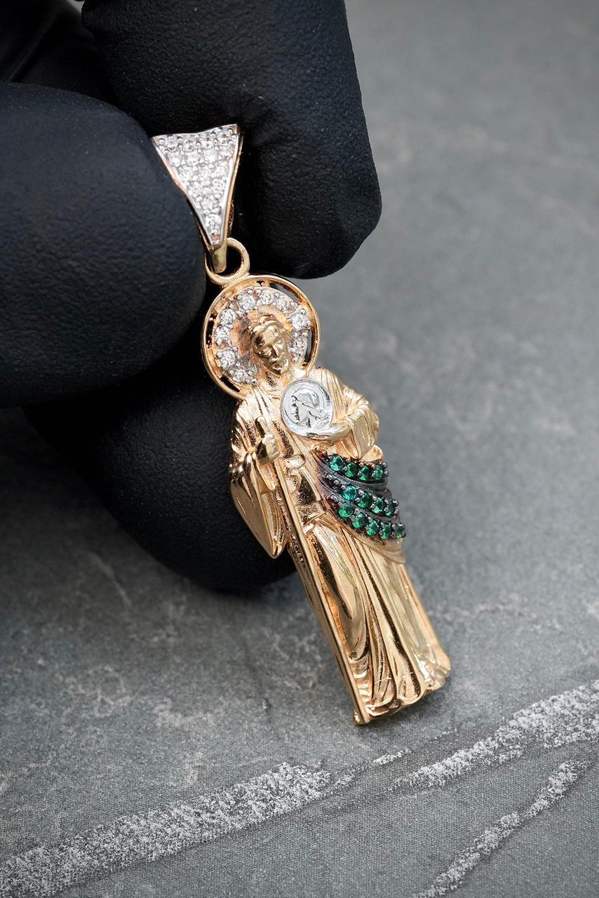 Dije san judas con swarovski verde y blanco 4.05gr / Largo 4cm — Oro Amarillo