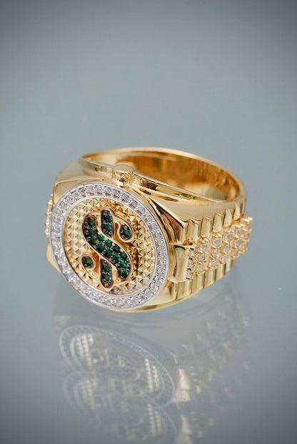 Anillo signo peso con swarovski blanco y verde 11.15gr / Talla 9 3/4 / Oro Amarillo Nac B