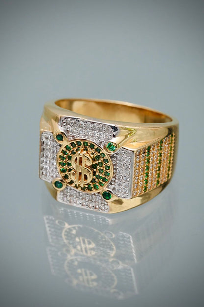 Anillo signo peso con swarovski blanco y verde 15.6gr / Talla 11 3/4 / Oro Amarillo Nac B