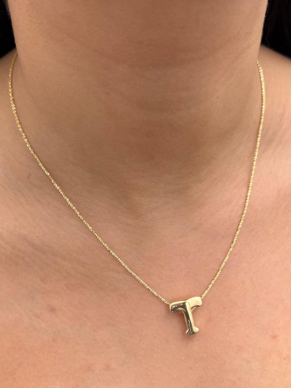 Set Cadena Diamantada Dije Letra T 2.25gr / Largo 45cm / Oro Amarillo Italy +3 B