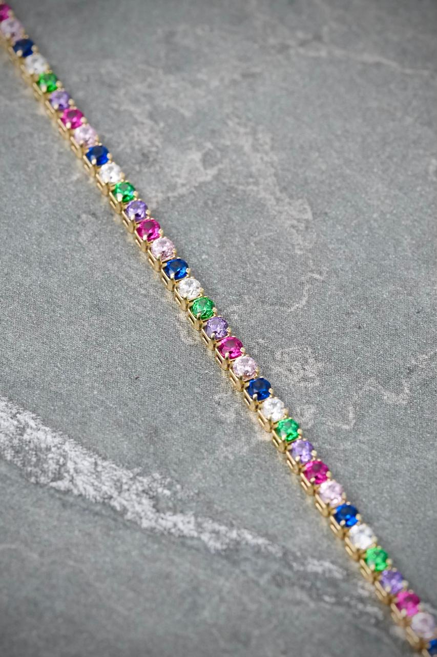Pulso Tenis con Swarovski Multicolor 2.3gr / 18cm / 1.8mm — Oro Amarillo