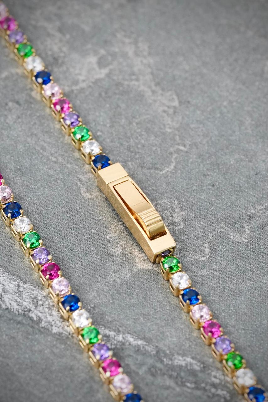 Pulso Tenis con Swarovski Multicolor 2.3gr / 18cm / 1.8mm — Oro Amarillo